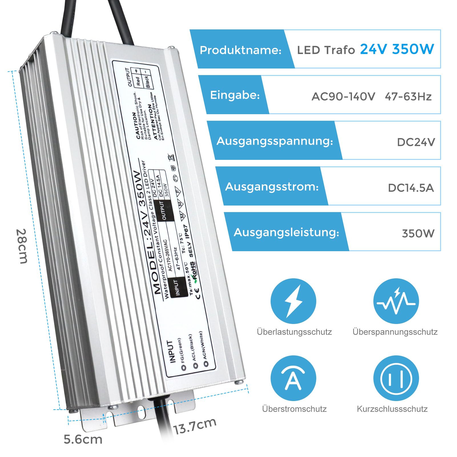 Trasformatore LED 24 V 350 W IP67, trasformatore impermeabile per esterni, con spina, alimentatore di rete, driver da 230 V a DC 24 Volt, adattatore LED Driver esterno per luci LED