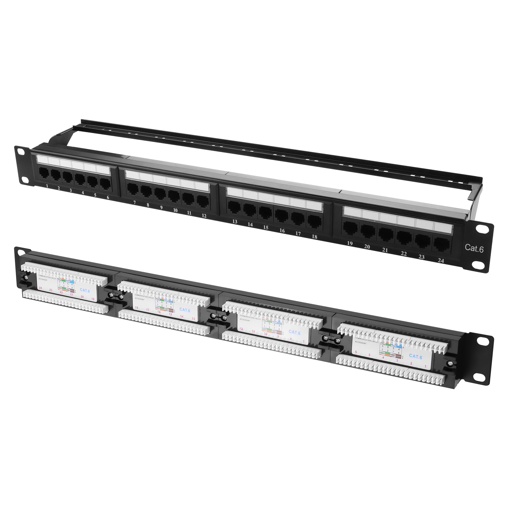 Pannello patch Cat6 da 10 Gbps, 24 porte RJ45, per montaggio su rack da 19", compatibile con Cat6, Cat5e, Cat5