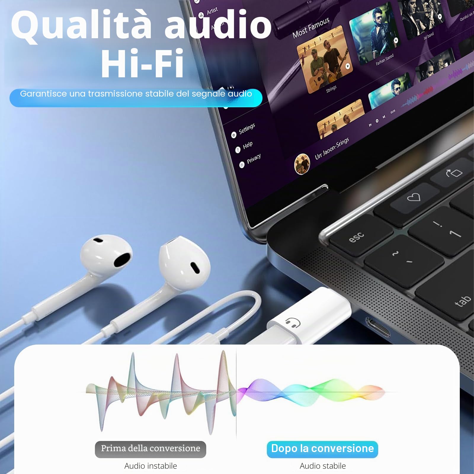 Adattatore audio USB C a Lightning per iPhone 17/16/15 Pad Air/Mini 6 Samsung, Hi-Fi, bianco
