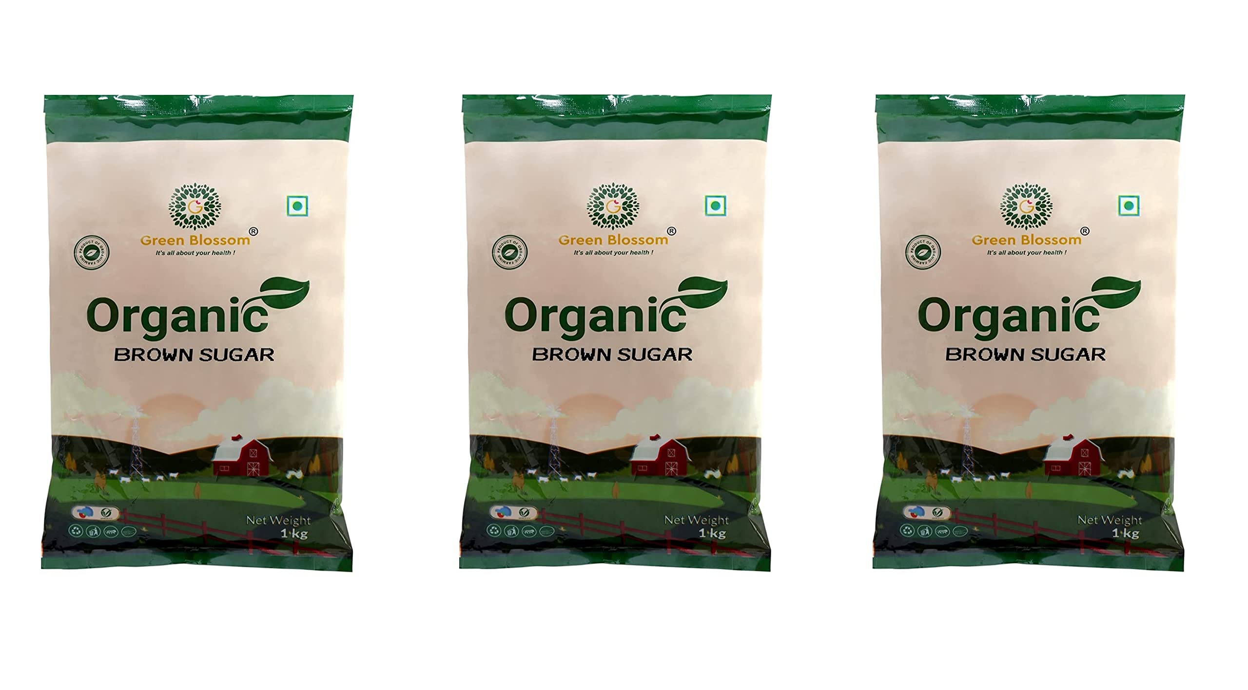 Green Blossom Organic Brown Sugar - 3 Kg (1 Kg x Pack of 3) | Chemical-Free Sweetness | Pure and Nutrient-Rich | 100% Vegan"