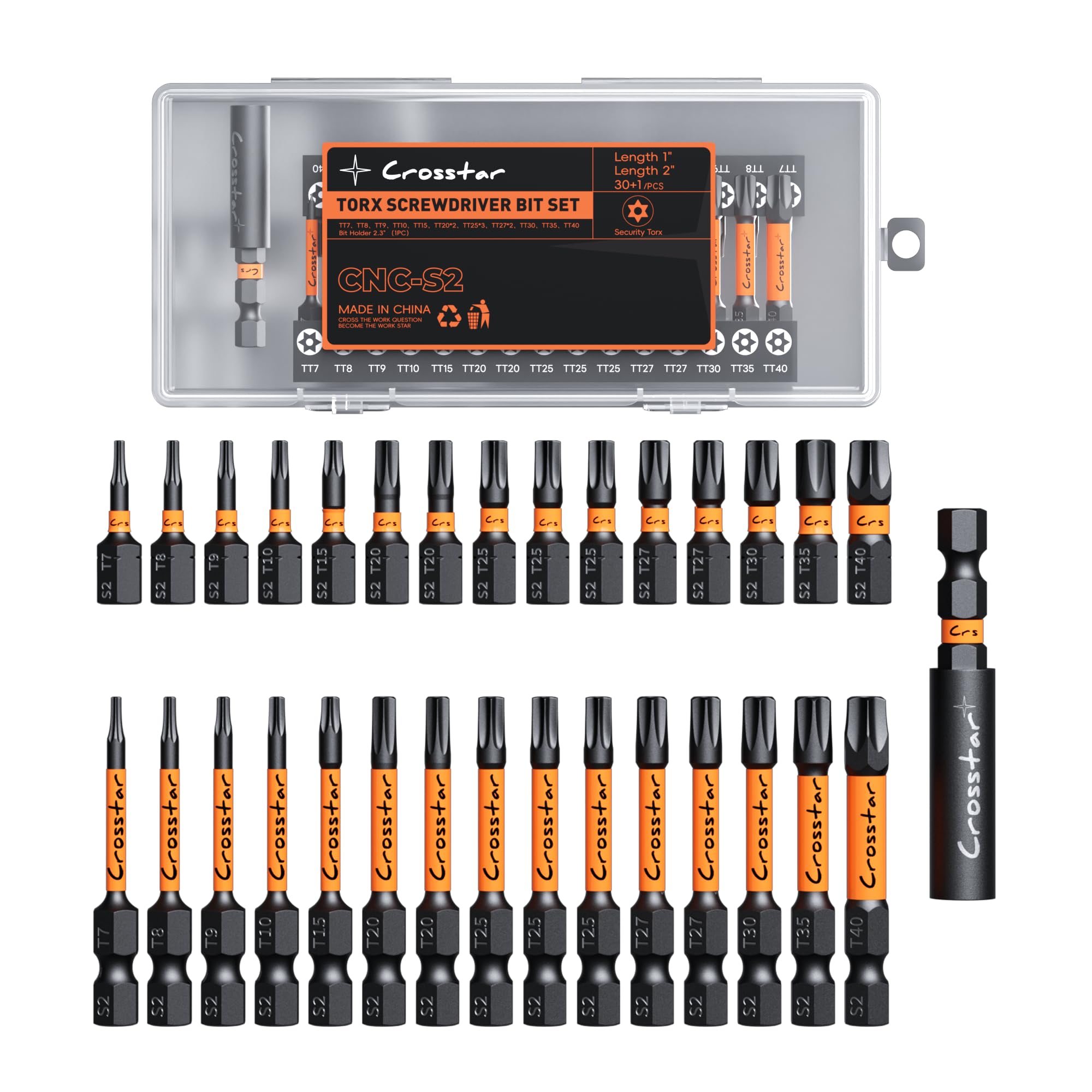 Crosstar 31 Pcs 1“&amp;2"" Impact Torx Bit Set, S2 Steel Magnetic Security Star Bits, Tamper Proof Torx Screwdriver Bits with CNC Tips for Drill/Driver, Automotive, Woodworking &amp; Home Repair