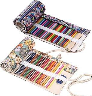 EXIN DEHCEN Pack of 2 36 Holes Pencil Roll Case - Canvas Pencil Wrap for Watercolour, Colouring, Makeup Pencils - Artists & Art Students Sketch Drawing