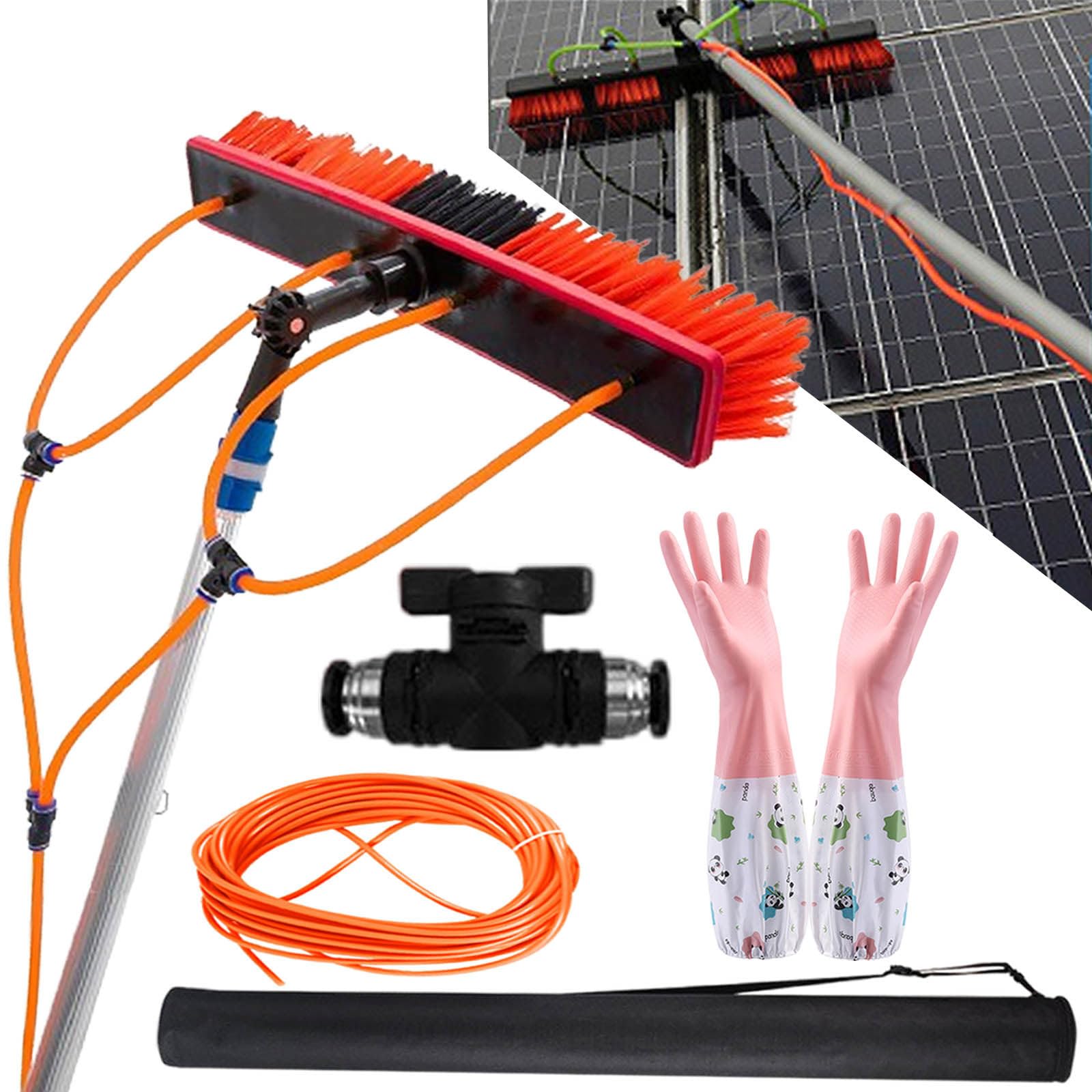 Brosse de nettoyage pour panneaux solaires avec perche alimentée en eau et tuyau 20m