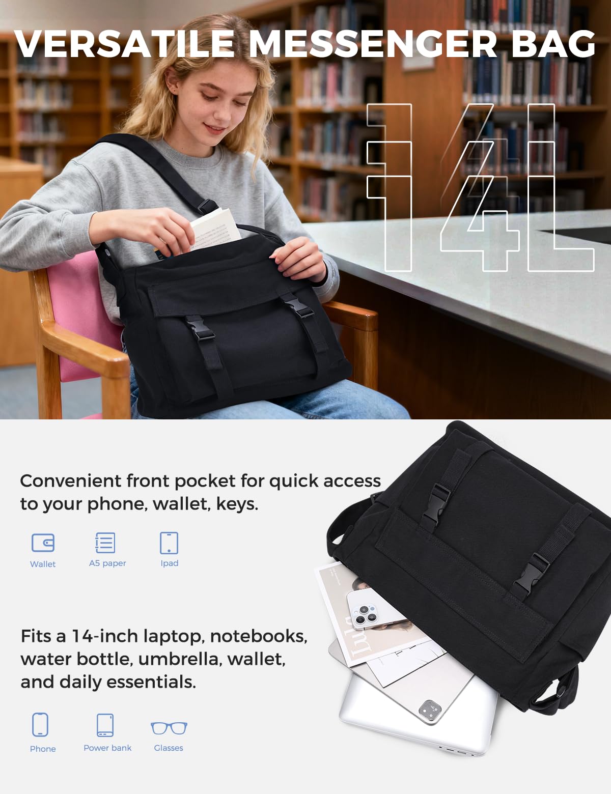VASCHY Sac Bandoulière Femme, Grande Léger Poches Multiples Sacoche Messager en Toile Adolescent Sac à Main Besace pour Travail École Voyage Loisir