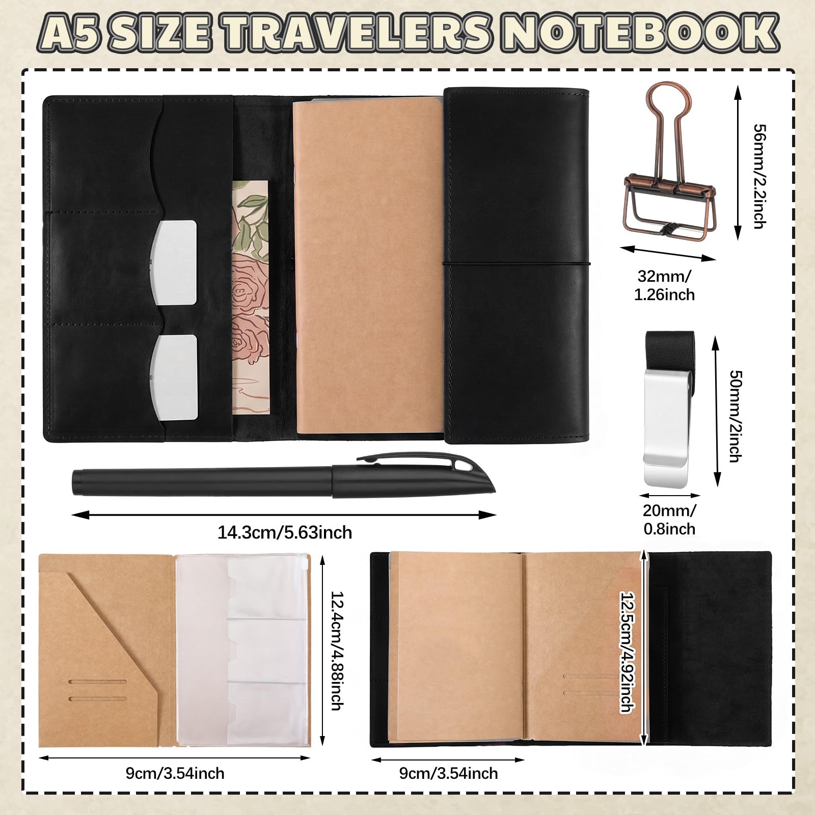 Carnet de voyage rechargeable en cuir véritable, noir, A5