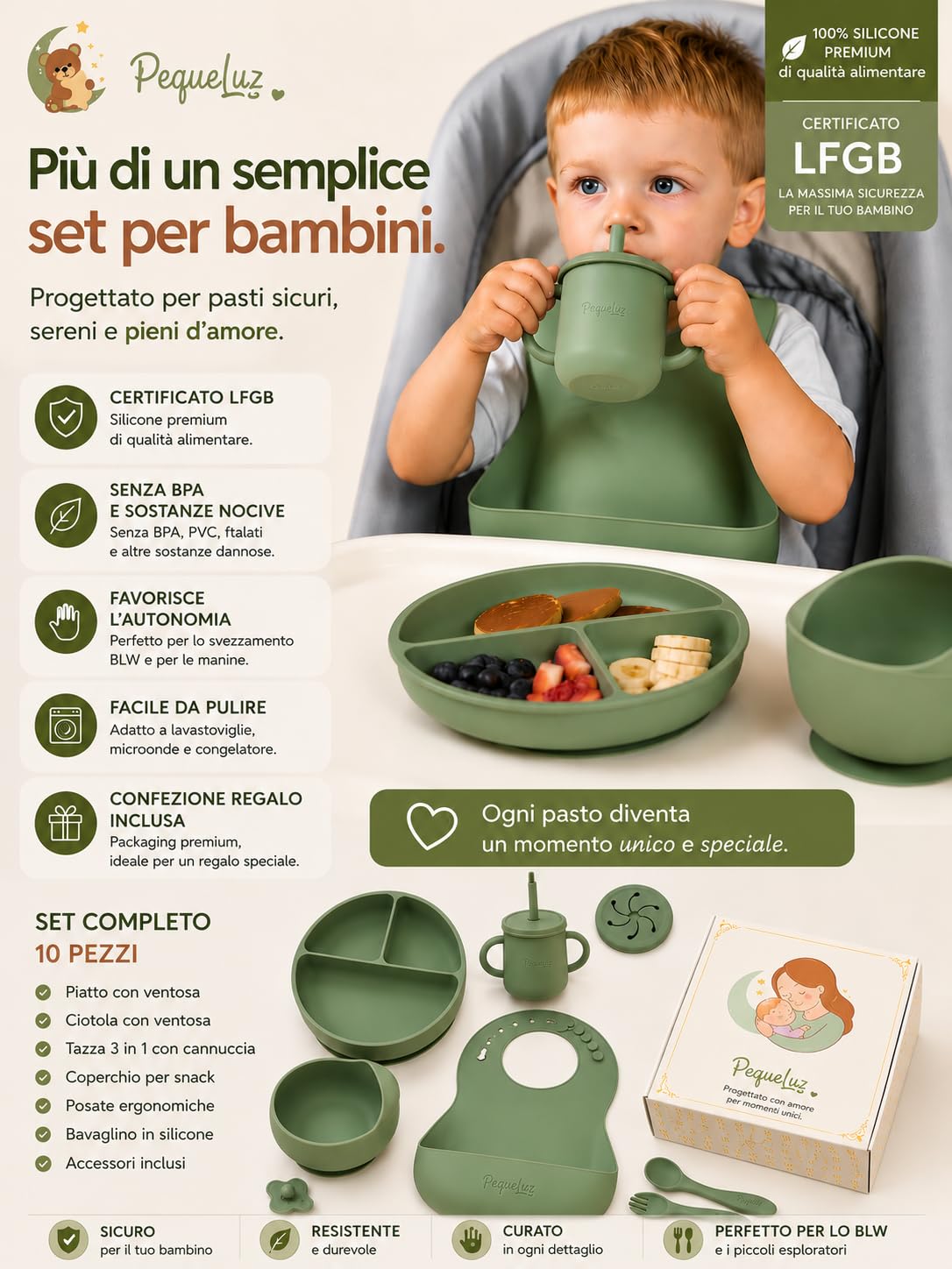 Set Pappa Svezzamento Neonati in Silicone LFGB – 10 Pezzi | Set Autosvezzamento Premium con Piatto e Ciotola con Ventosa, Tazza, Bavaglino e Posate Bambino | Senza BPA
