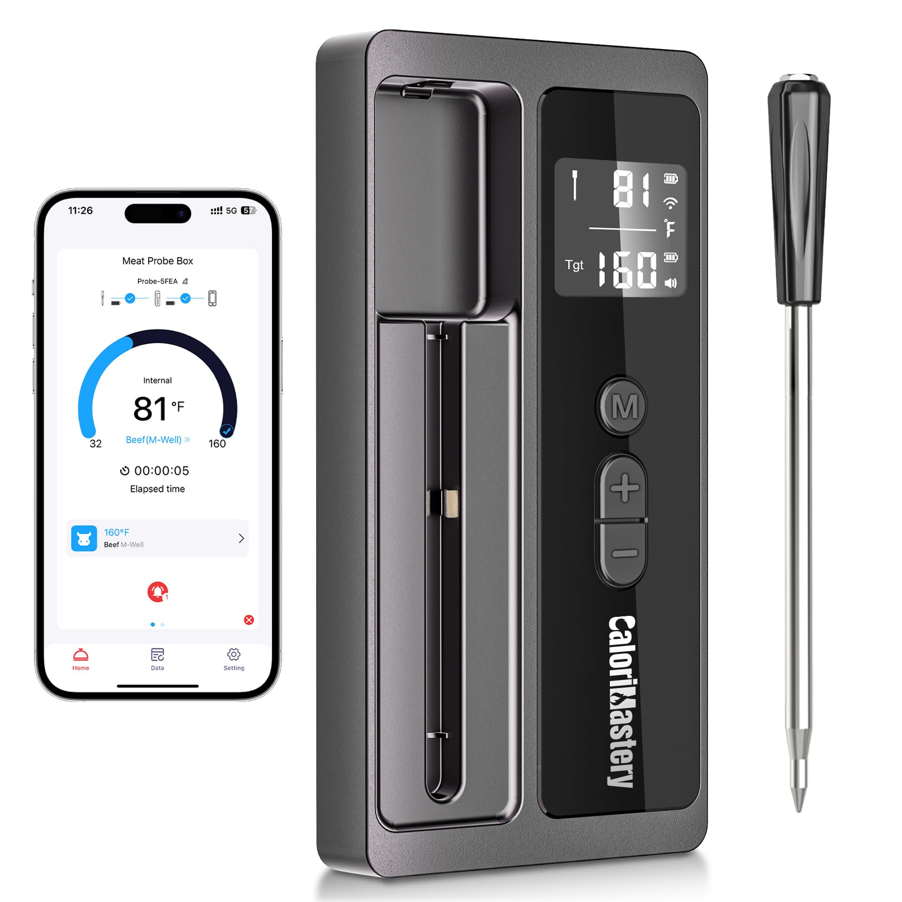 Wireless Meat Thermometer: 500FT Bluetooth Smart Meat Thermometer for Cooking and Grilling, CaloriMastery Digital Food Thermometer with Ultra-Thin Probe for Oven Safe, Kitchen, Smoker, BBQ
