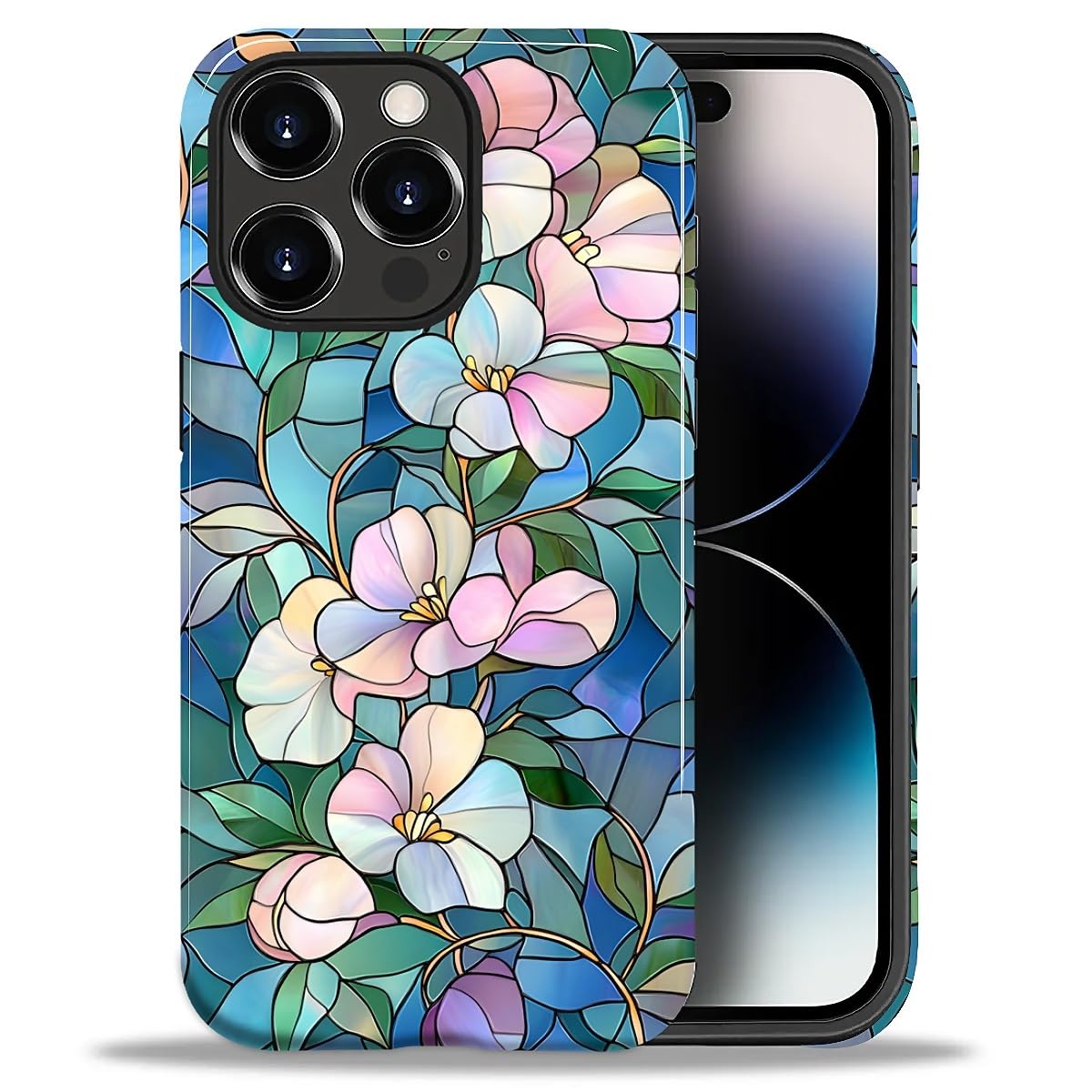 Coque iPhone 14 Pro Max rose et bleu floral, idée cadeau originale - 8