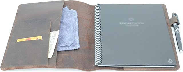 JJNUSA Compatible with Rocketbook Cover Smart Business Handmade Distressed Genuine Leather Notebook for Everlast Fusion Wave Moleskin A5 with Pen Loop & Card Holder Executive 8.8" x 6" Darkbrown