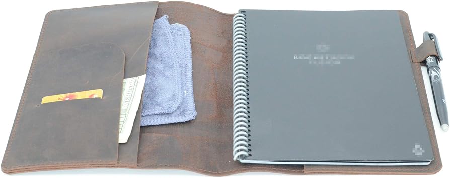 JJNUSA Compatible with Rocketbook Cover Smart Business Genuine Leather Notebook Cover for Everlast, Fusion, Wave, Moleskin A5 with Pen Loop & Business Card Holder, Executive 6" x 8.8" Darbrown