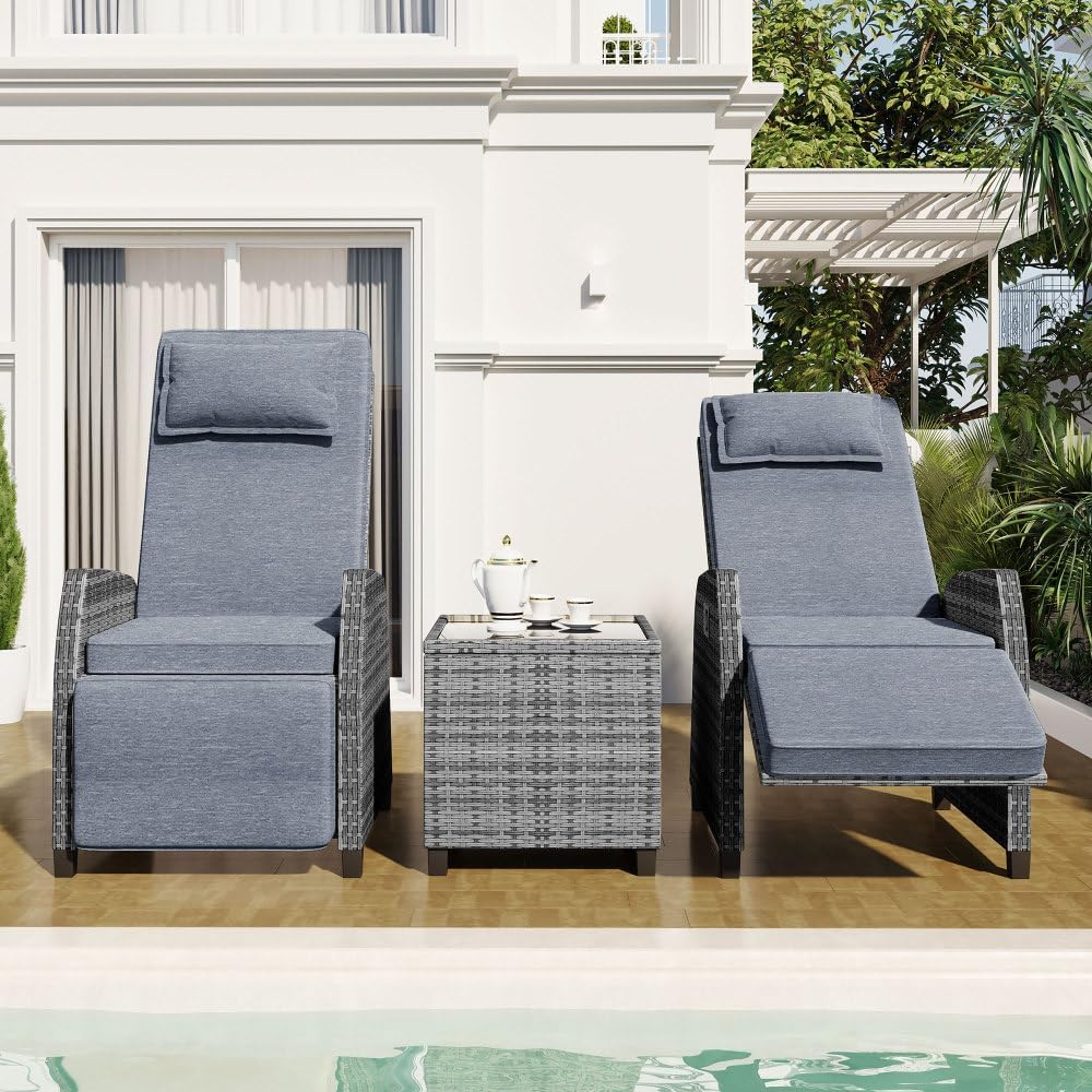 Outdoor Two-Person Rattan Chair with Coffee Table Set, Adjustable HDPE Wicker Patio Furniture for Garden, Poolside, and Balcony Use (Gray + HDPE)