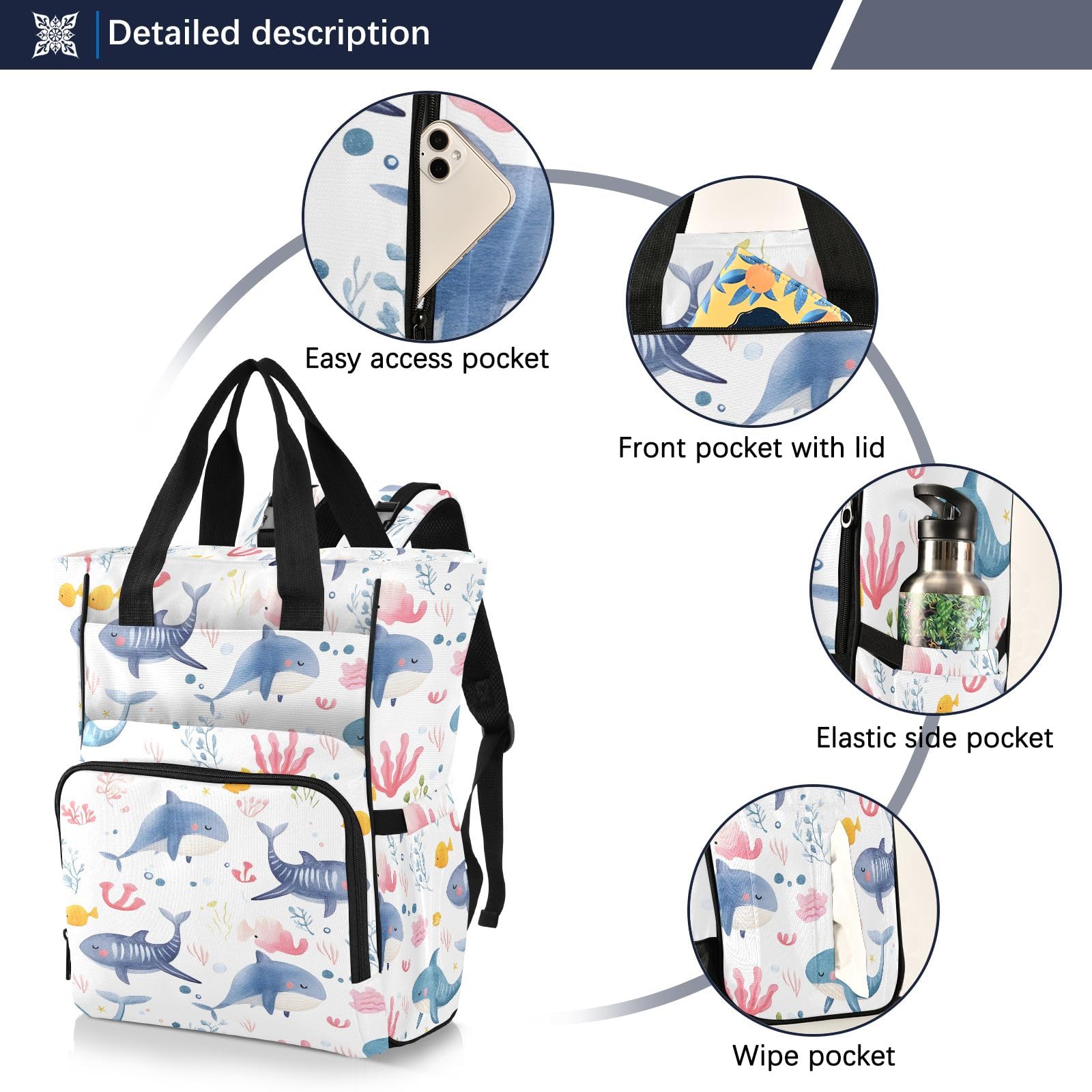 Mnsruu Mochila para pañales de bebé con diseño de animales marinos y acuarela, bolsa grande, impermeable, para viajes, para mamás y papás