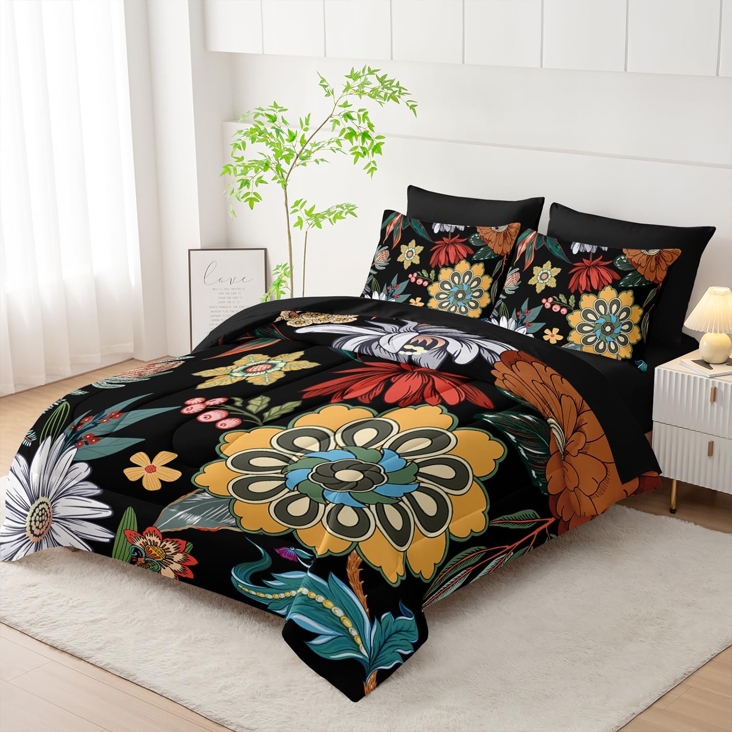 Nttopship 7 Pieces Colorful Floral Comforter Set,Bohemian Botanical Bedding Set Queen Size,Boho Farmhouse Flower Leaves Printed on Black Design,All Season Lightweight Soft Microfiber Bedding Set image 2