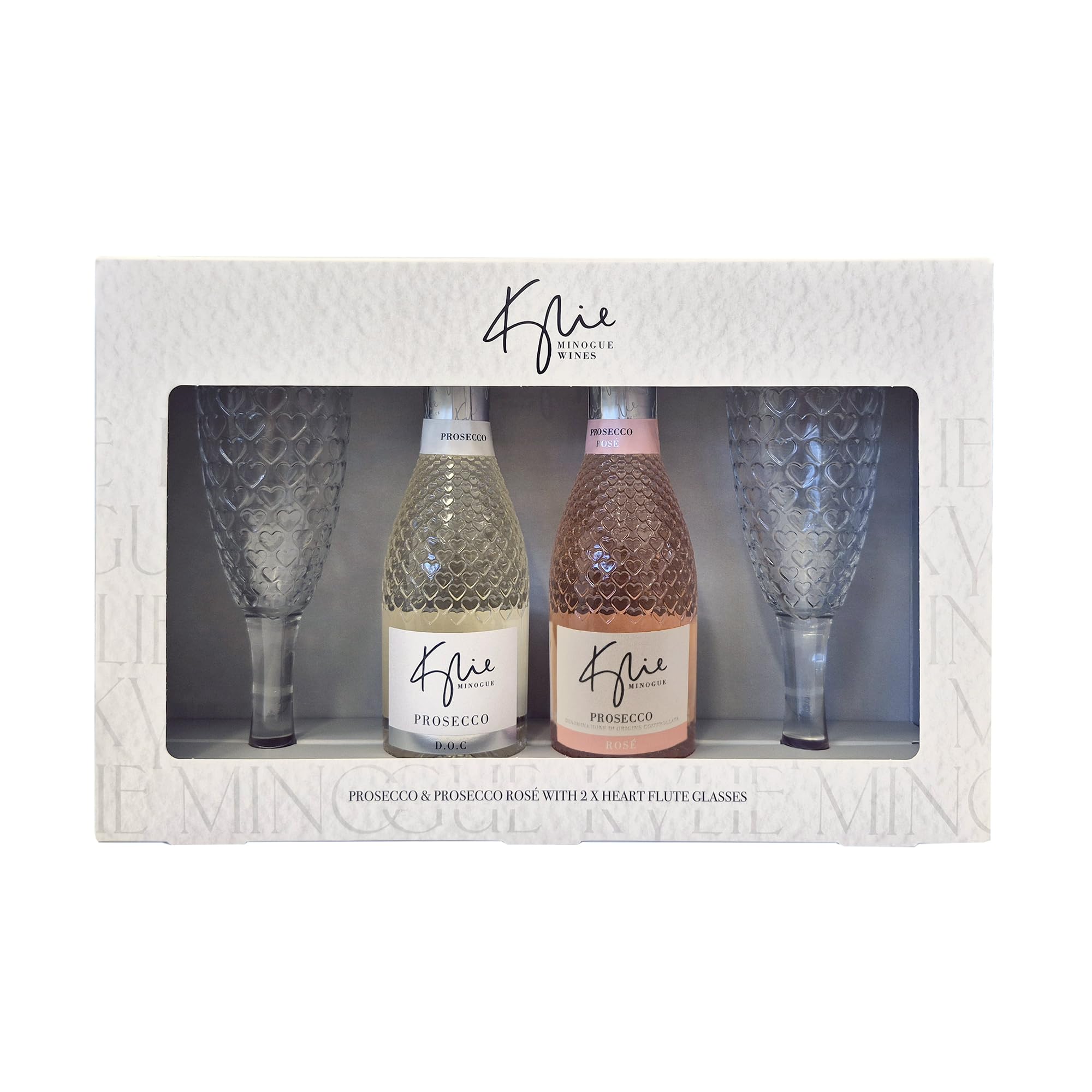 Kylie Minogue Mini Prosecco Gift Set – 2 x 20cl D.O.C (10.5% ABV) & Rosé (11% ABV) with 2 Heart‑Detail Flutes – Elegant Sparkling Duo by Blue Tree Gifts