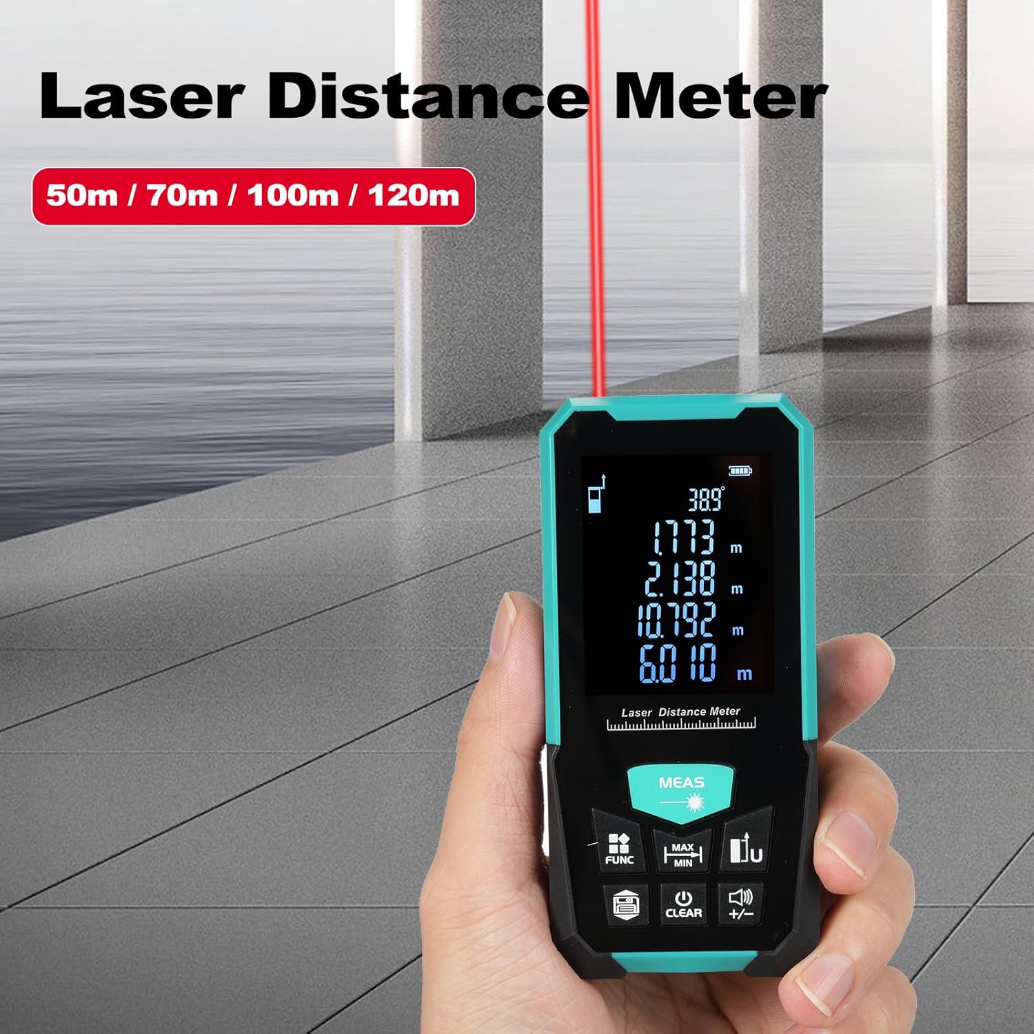 Laser Measure 328 ft, Portable Laser Distance Meter, Digital Distance Measurement with 3 Batteries Backlit LCD Display, Area/Volume/Indirect Measurement, in/Ft/Ft+in/M