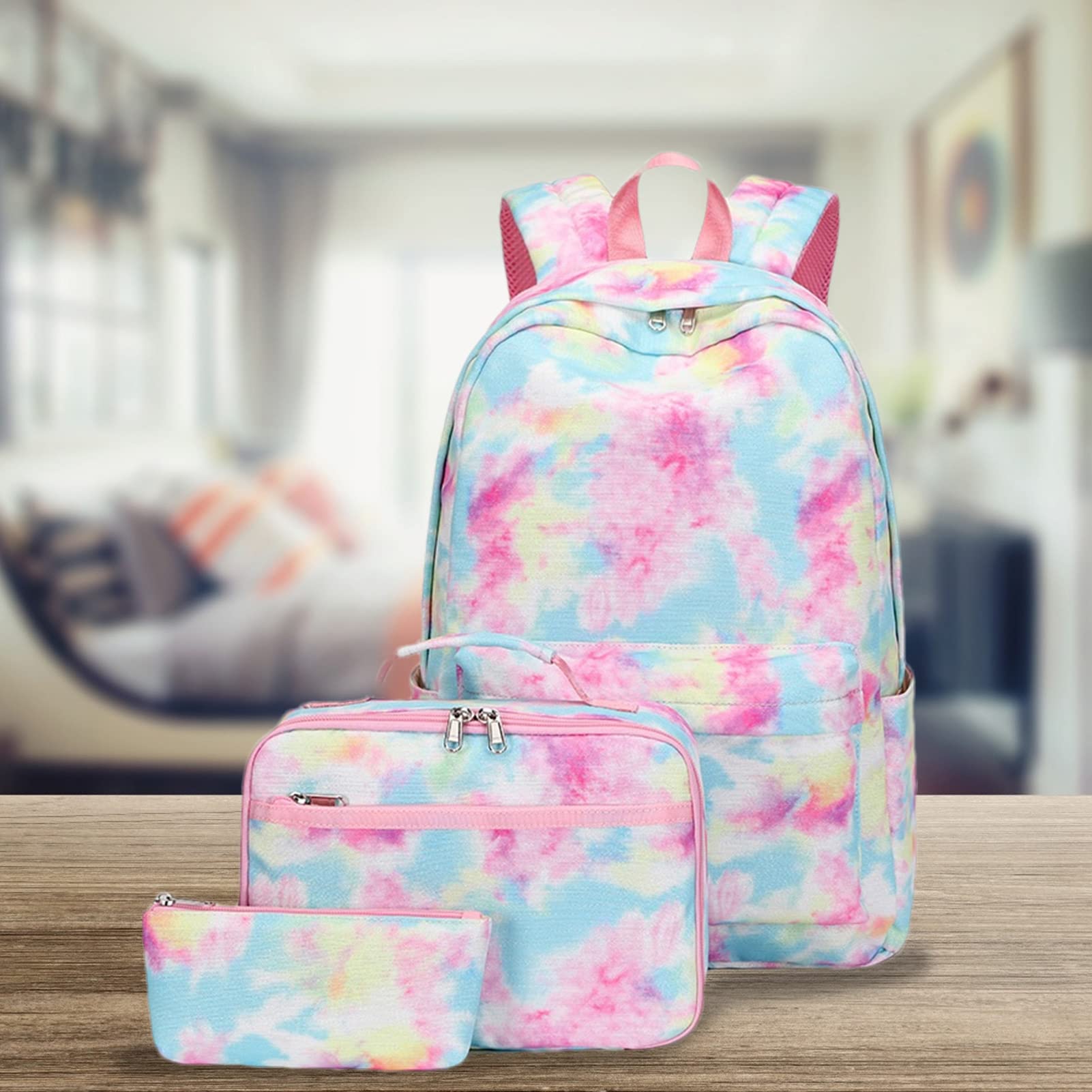 Set Zaino per Bambini Tie Dye | Set di Borse per Libri per Il | rientro a Scuola con Astuccio per Il Pranzo,Zaino per Computer Scolastico Tie Dye da 3 Pezzi Borsa per Libri per Studenti
