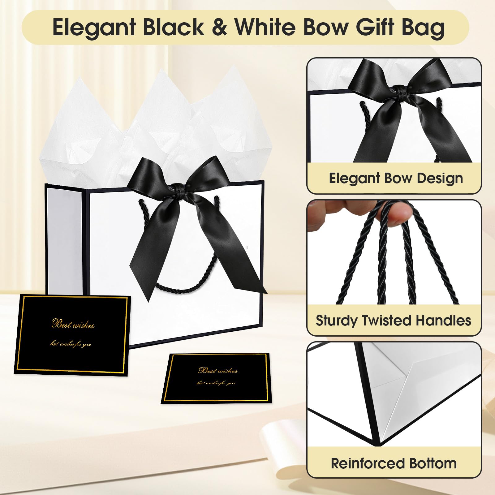 SHOWLL Geschenktüten Set – 6 Stück Weiße Papiertüten Mit Schleifen, Grußkarten & Taschentüchern, 28x20x10 Cm