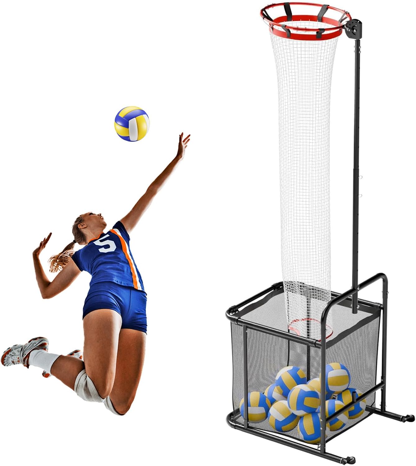 Volleyball Setter Training Equipment, Volleyball Setter Trainer Net with 2 Target Hoop Size,13 Heights & 6 Angles Adjustable, Serving Spiking Drills System with Ball Collection Bag
