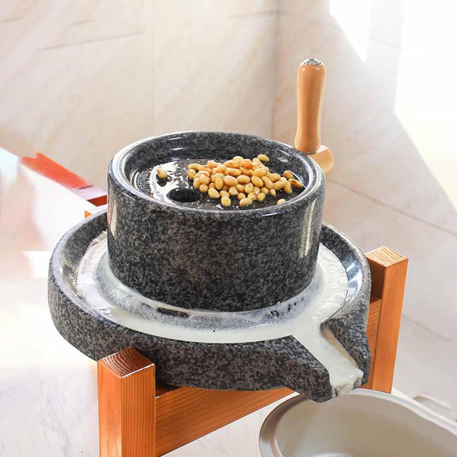 Manual Coffee Grinders Stone Mill New Manual Grain Mill Stone Grinder with Stand, Hand Crank Rice Wheat Coffee Bean Capsicum Mill Grinder, Chinese Style Stone Miller Dry/Wet Mill f,Large