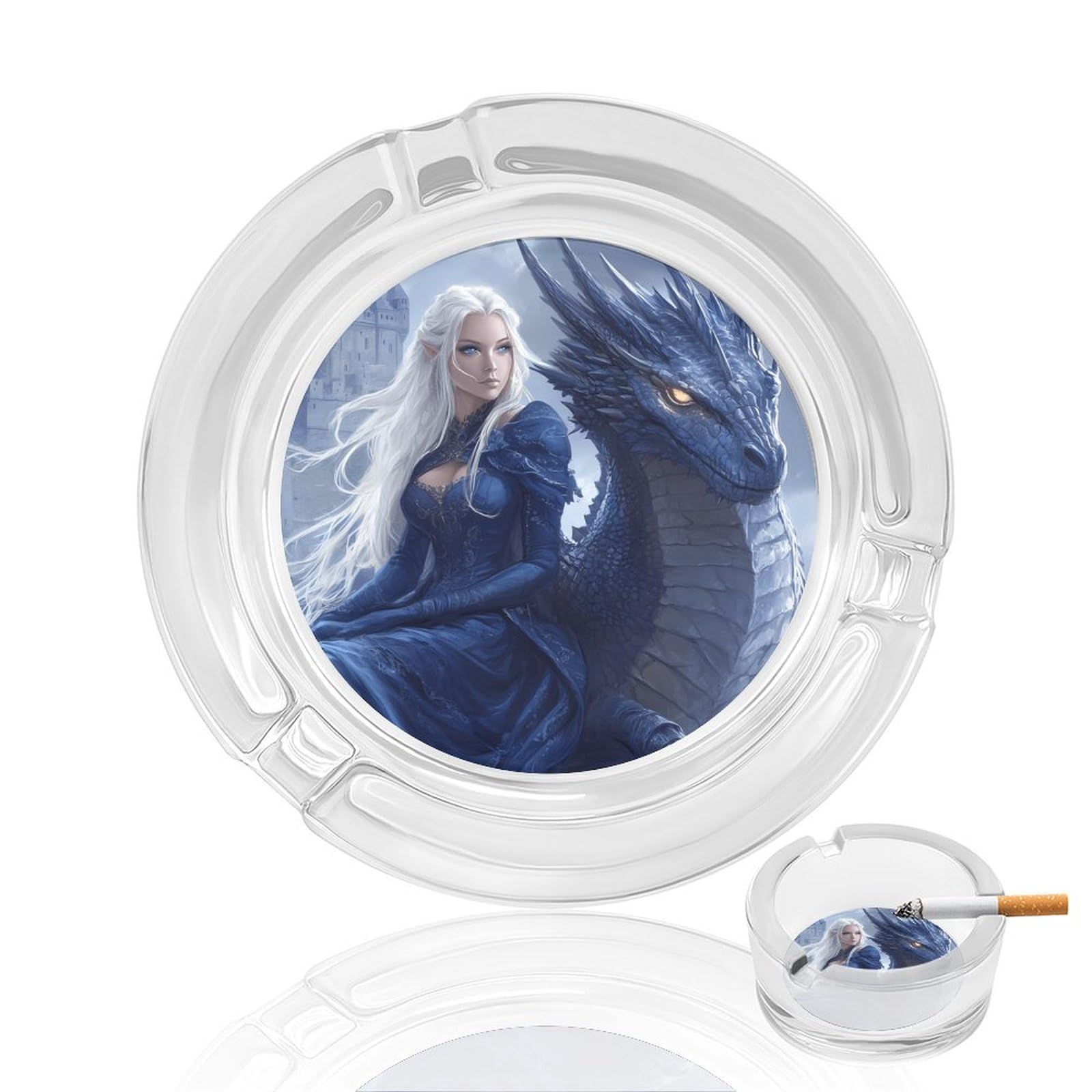 Dragon & Castle Ashtray Portable Round Glass Outdoor Ash Tray for Home Office Garden Pub