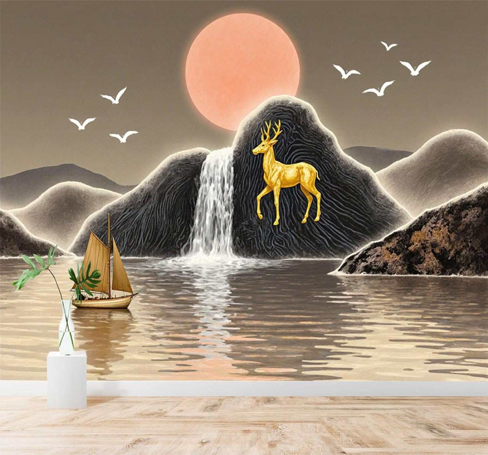 XLMING Waterfall Golden Deer Sailing Boat Sunset Mountain Scenery 3D Wallpaper Premium Textured Silk Study Dining Living Room Bedroom Sofa TV Wall Easy Install-350cm×256cm
