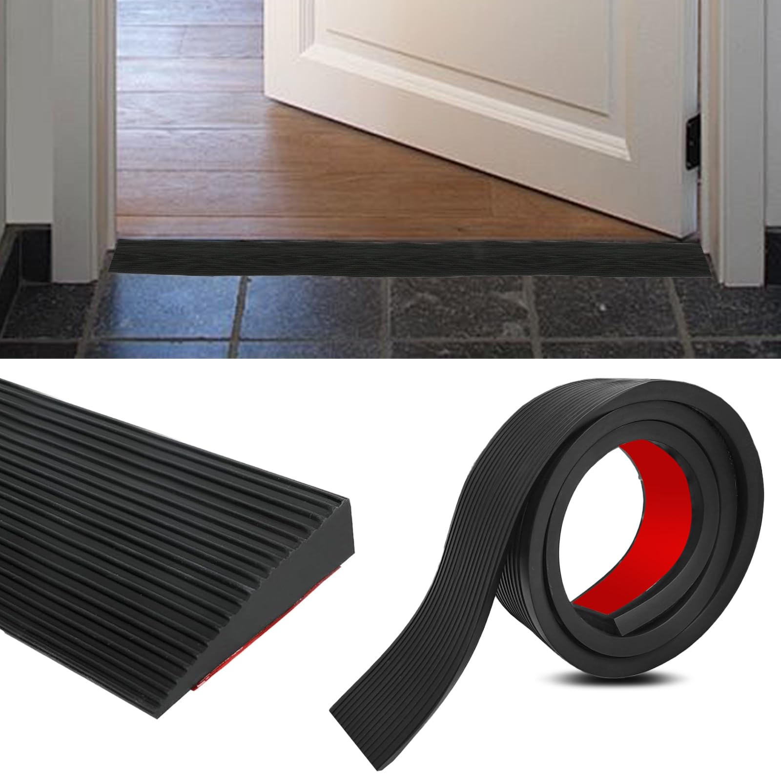 Rampa progowa do drzwi, profil przejściowy, samoprzylepna, 200 cm x 8 cm x 2,5 cm, rampa najazdowa dla wózków inwalidzkich, chodzików lub skuterów elektrycznych (czarna, wysokość 2,5 cm)