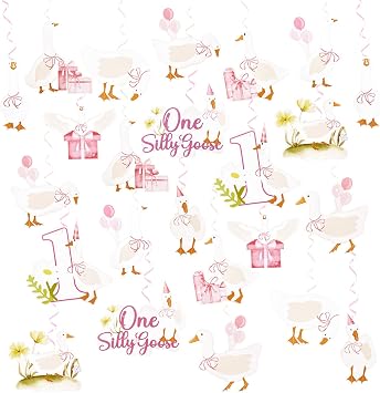 24PCS One Silly Goose Birthday Hanging Swirl Decorations, Pink Goose Themed Party Ceiling Streamers for Girls 1st Birthday Party Supplies