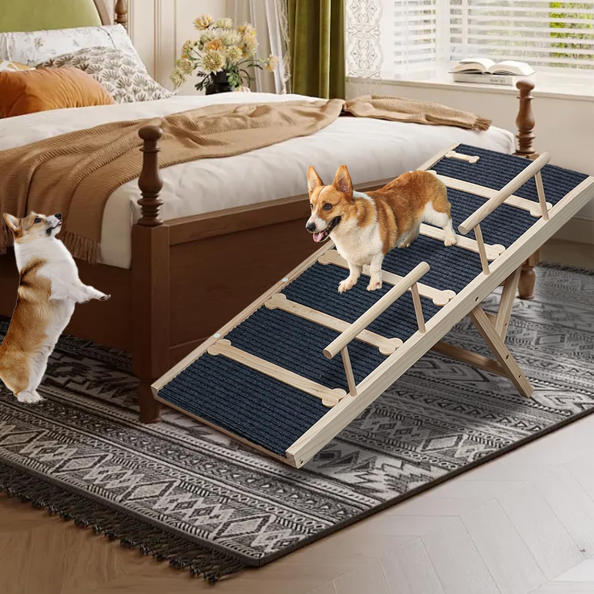 Dog Ramp for Bed, Dog Bed Ramp, 6 Level Adjustable Dog Ramps for High Beds/Couch, Wooden Pet Ramp for Small Large Old Dogs/Cats, Pet Ramps for Bed/Couch/Car with Carpeted Surface and Safty Rails