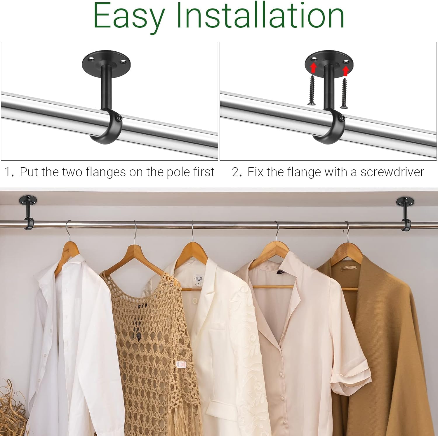 Qunclay 16 Pack 1 Inch Curtain Rod Ceiling Mount Bracket Heavy Duty Flange Closet Rod Holder Wardrobe Pole Holder for Home Kitchen Shelf Wall Window Room with Screws