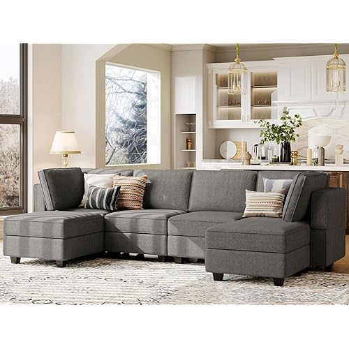 Belffin U Shaped Sofa Modular Couch Reversible Storage Ottoman 6 Seater Sofa Large Couches U Shape Couch Grey