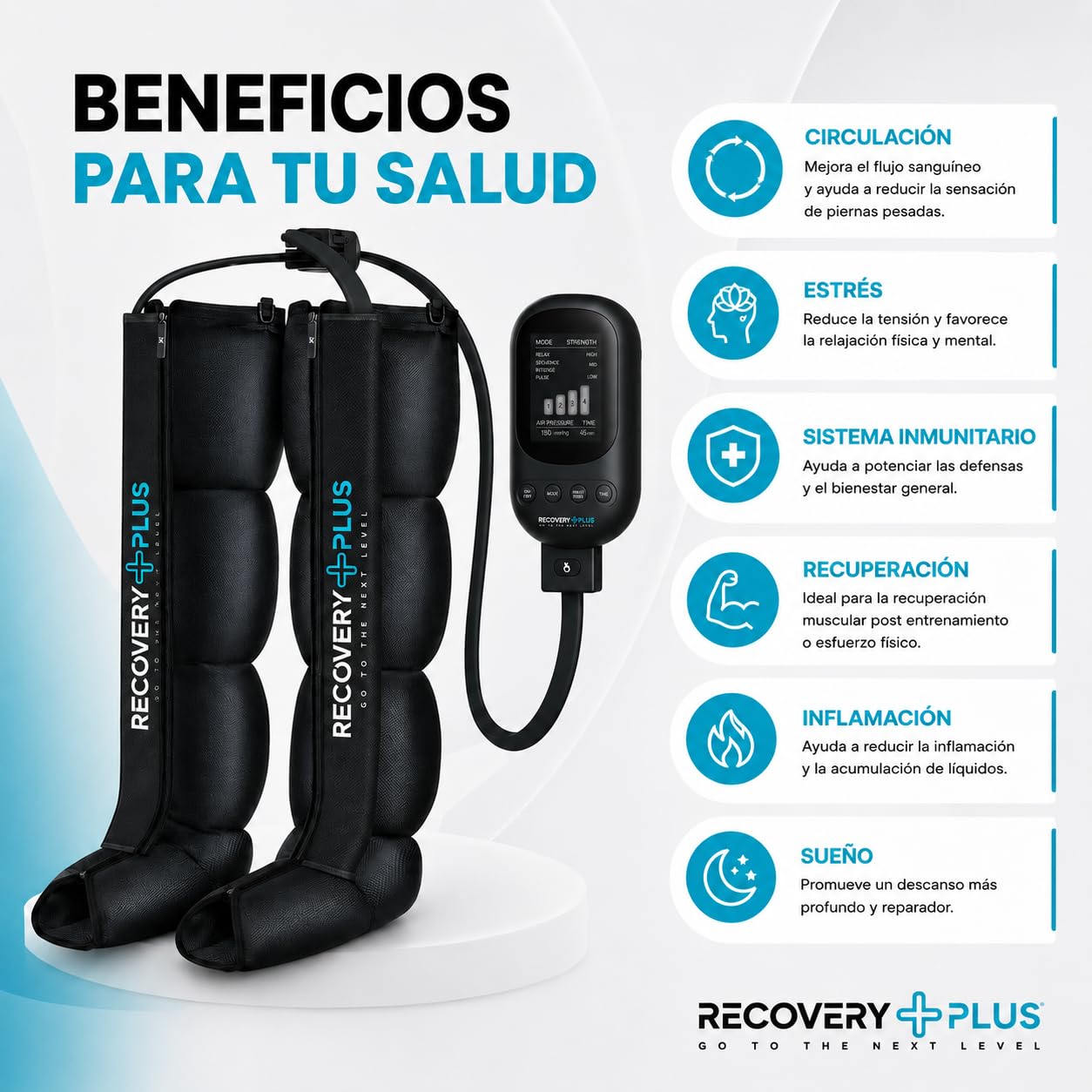 RECOVERY PLUS - botas de compresión de aire para piernas, presoterapia para casa, masajeador para drenaje linfático y circulación, recuperación muscular, nivel profesional (Talla L)