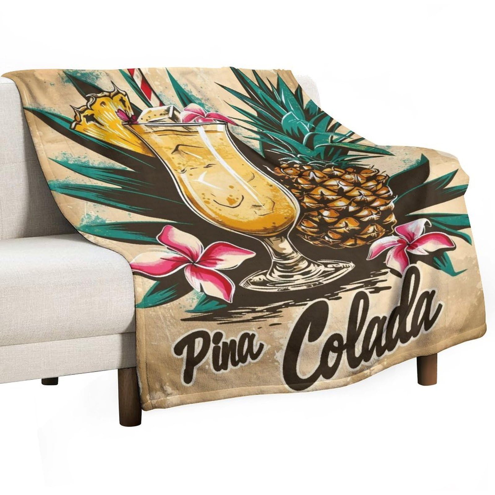 YHGSREUOH Linocut-Tiki-Bar-Pina-Colada-Drink-Fruit_01 Flannel Blankets Fleece Soft Throw Lightweight Plush Gifts for Couch, Bed, Cozy Sofa Plush, Chair, Lovers 138x175cm(55x70in)