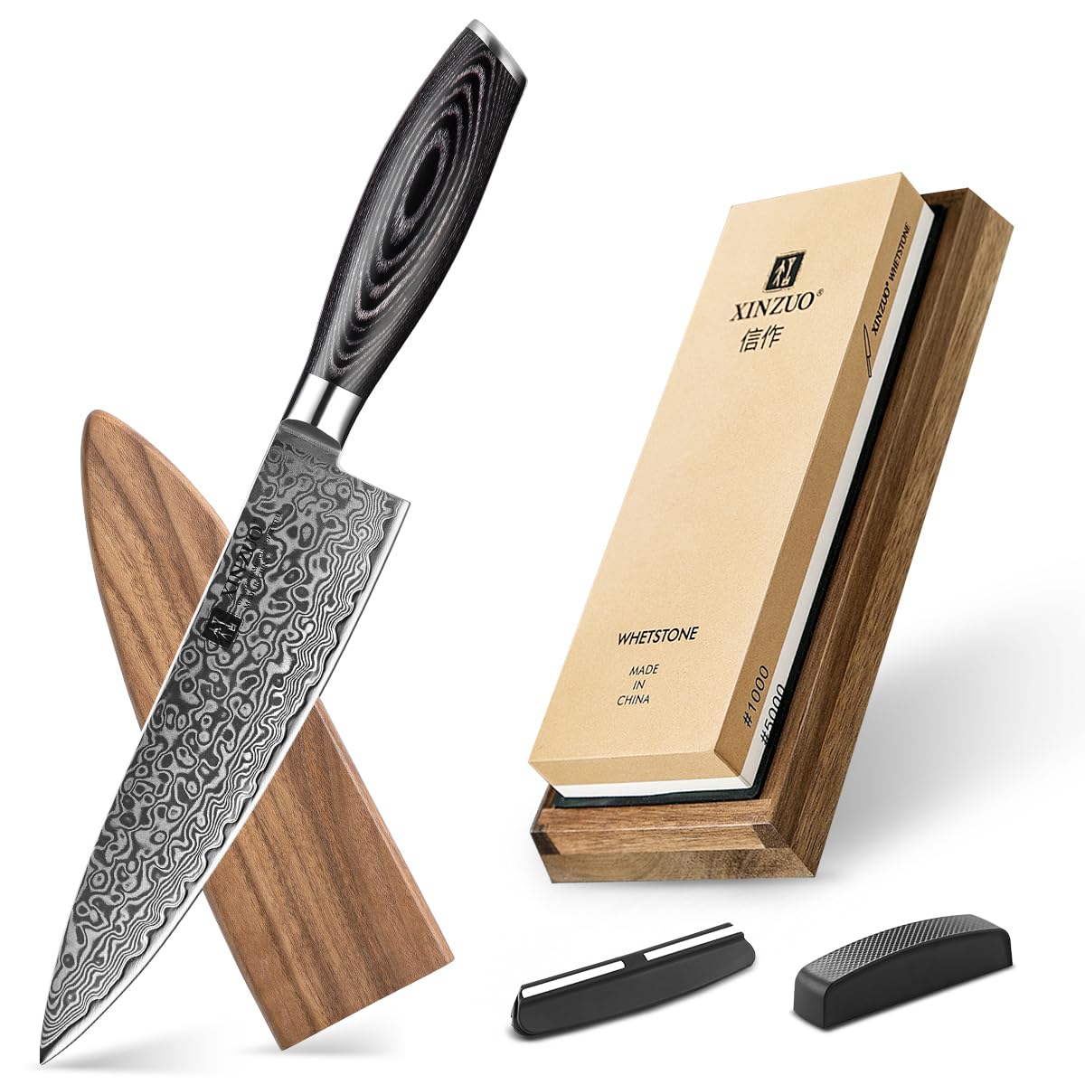 Couteau de Chef Damas 20,1cm avec aiguiseur de couteau et pierre à affûter double face