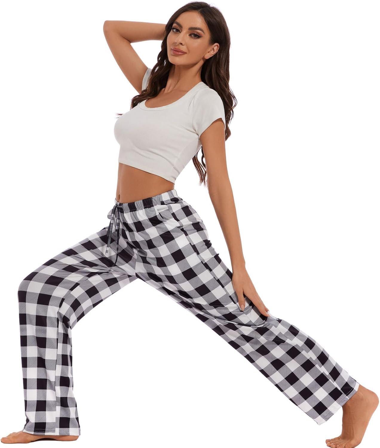 iniber Comfy Pajama Pants for Women Stretch Drawstring Lounge Pants with Pockets Casual Wide Leg Pjs Bottoms - Image 6