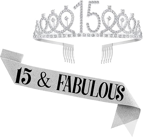 Juego de banda y tiara de cumpleaños de 15 años, banda y corona de cumpleaños de 15 años, regalos de feliz cumpleaños 15 para suministros y