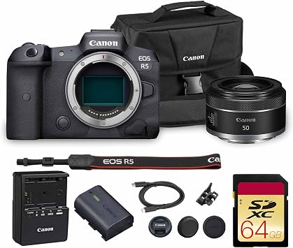 Canon EOS R5 Mirrorless Camera | 45MP Full Frame Sensor 8K Video | in-Body Image Stabilization and Dual Pixel AF for Hybrid Creators 4147C002 + Canon RF 50mm f/1.8 STM Lens + 64GB Card + Bag