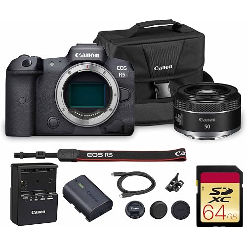 Canon EOS R5 Mirrorless Camera | 45MP Full Frame Sensor 8K Video | in-Body Image Stabilization and Dual Pixel AF for Hybrid Creators (4147C002) + Canon RF 50mm f/1.8 STM Lens + 64GB Card + Bag