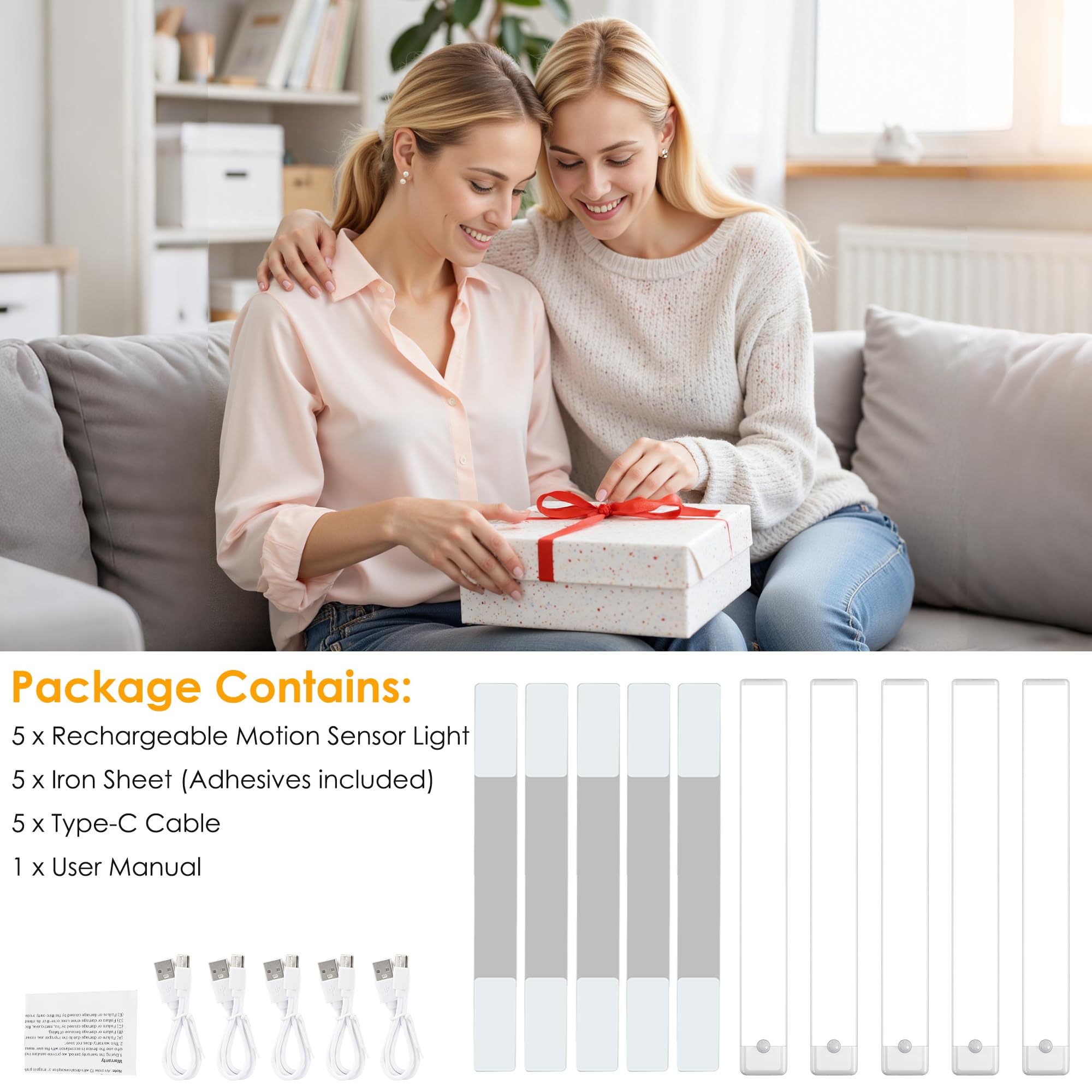 Confezione da 5 luci da incasso con sensore di movimento, 3 temperature di colore, dimmerabili, ricaricabili, magnetiche, da 15,7 pollici, senza fili, da banco