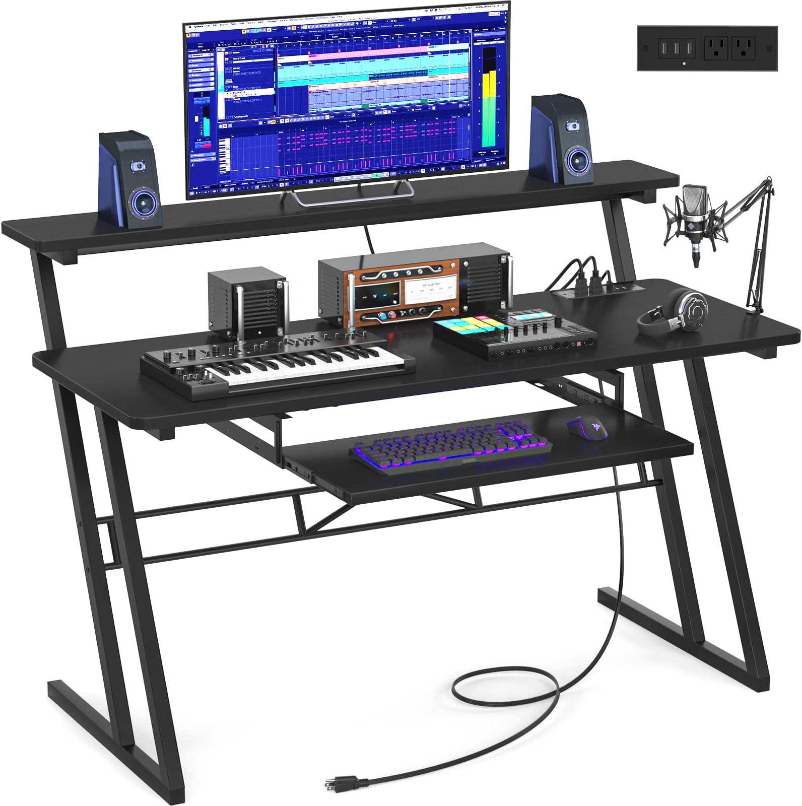 Armocity 47 Inch Music Studio Computer Desk With Outlet for Production, Recording, and Workstation - Black