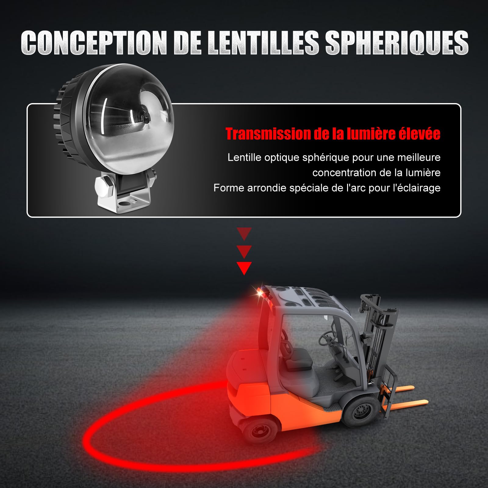 Dinfu LED ronde rouge Chariot élévateur à fourche Eclairage de l'entrepôt Feux latéraux du chariot élévateur Phares d'avertissement 30W DC 12-110V forklift