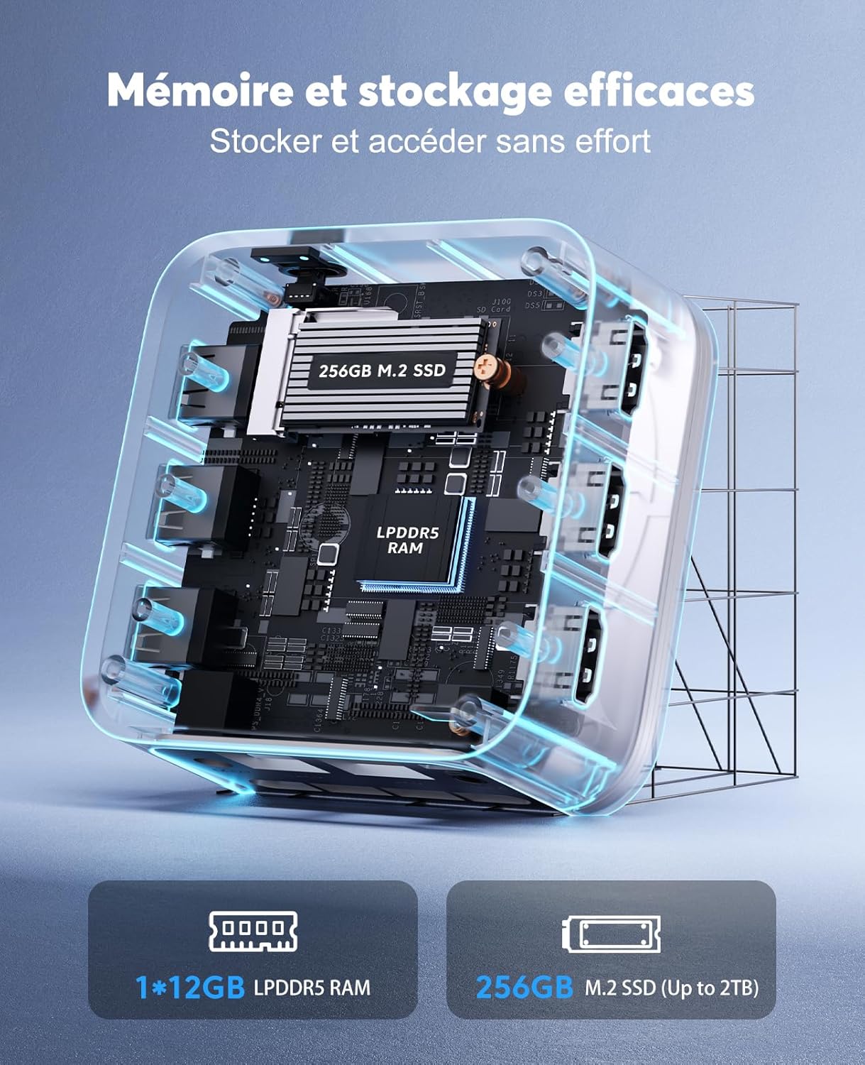 Diagram showing Intel Alder Lake N100 processor specifications: 4 Cores, 6MB L3 Cache, 3.4 GHz Max Frequency, 6W TDP.