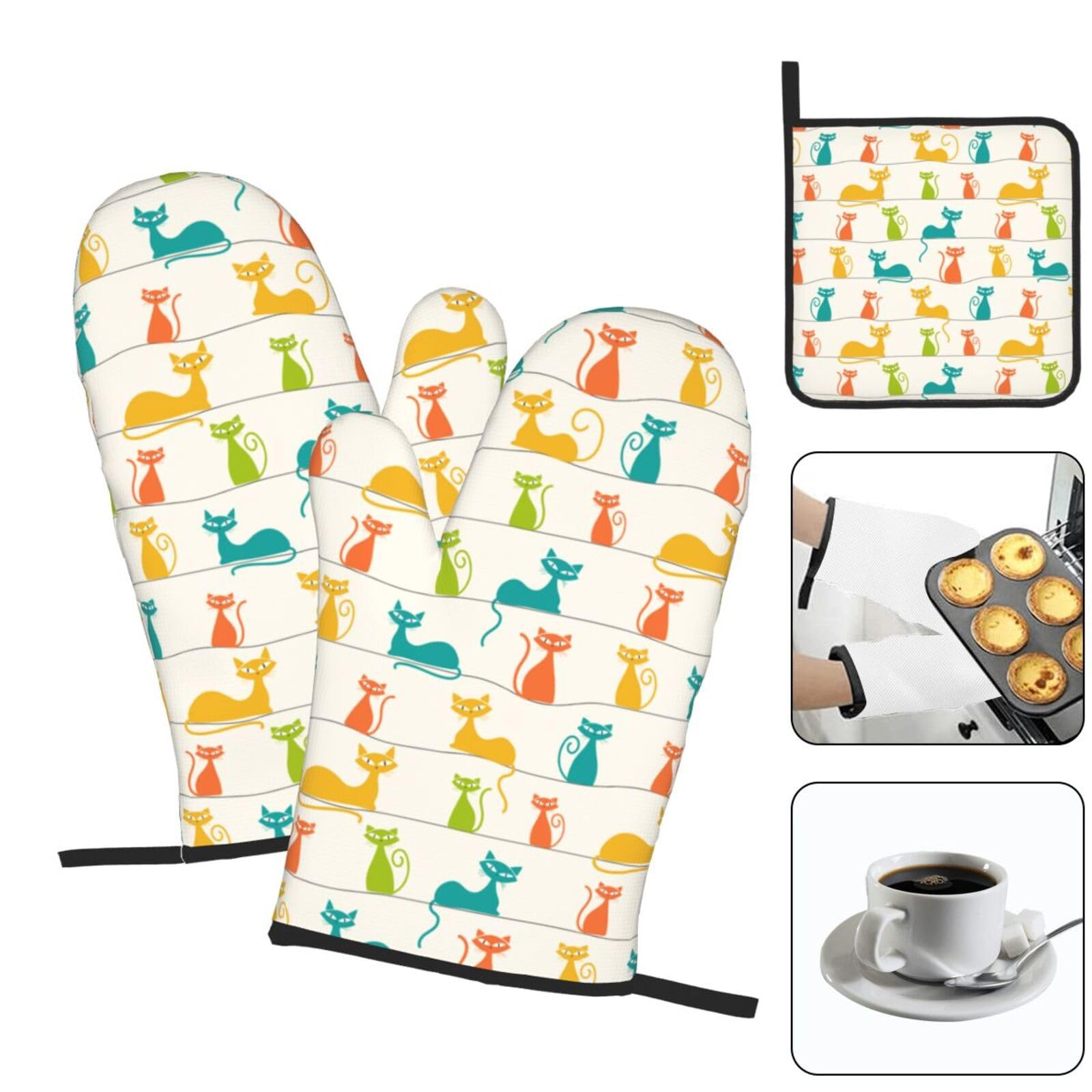 Mid Century nowoczesne koty rękawice kuchenne i uchwyty na garnki zestaw żaroodporne urocze rękawice kuchenne do grillowania pieczenia grillowania kucharzy dekoracja kuchni 3 sztuki