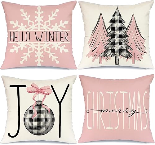 Juego de 4 fundas de almohada de Navidad de 18 x 18 pulgadas para decoraciones de Navidad, diseño de búfalo a cuadros, árbol de Navidad, alegría,