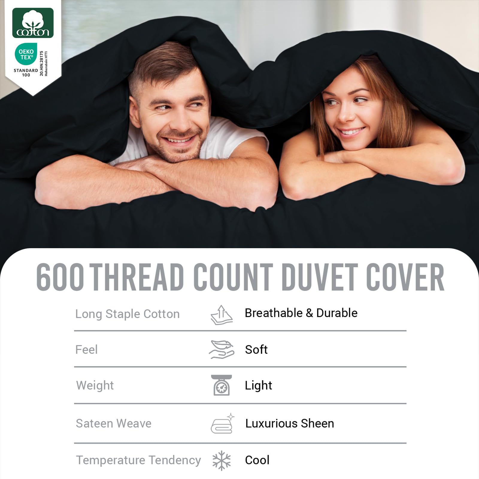 Pizuna Pure Combed Cotton Double Duvet Cover Set Black, 600 Thread Count 100% Long Staple Cotton Duvet Cover Double 200x200cm - Image 4