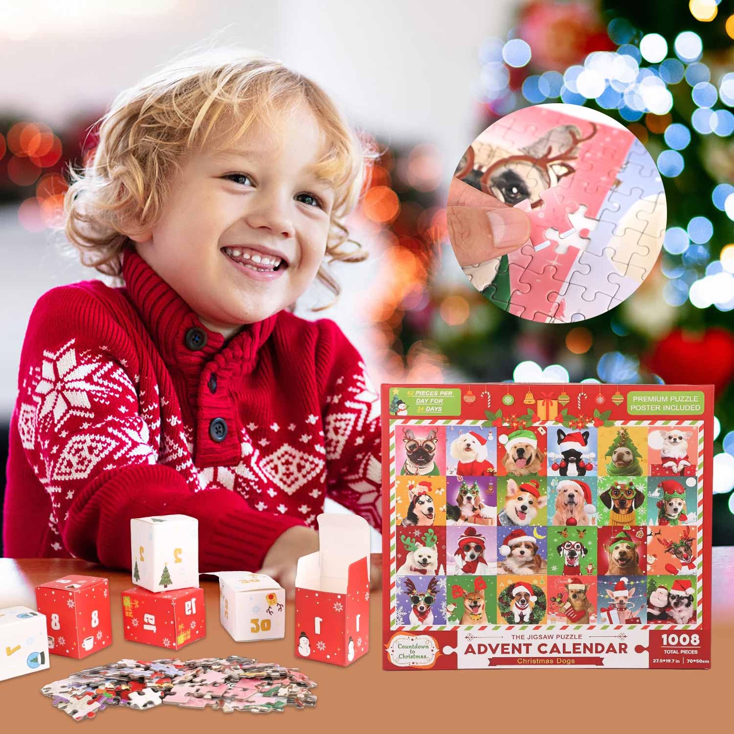Kalendarz Adwentowy na Boze Narodzenie Puzzle, 24-Dniowe Odliczanie do Bozego Narodzenia 2024 Puzzle Puzzle Swiateczne z Psami Puzzle Swiateczne dla Dzieci Nastolatków i Doroslych