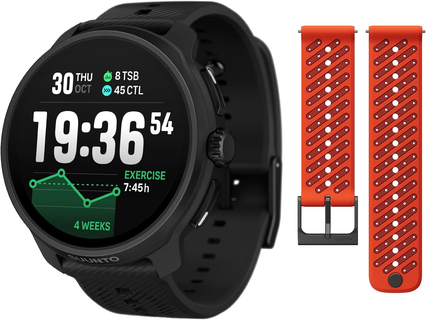 SUUNTO Race 2 GPS Sports Watch, 1.5" AMOLED Touchscreen w/Crown, All Black & SUUNTO 22 ATH8 Silicone Strap Orange S+M