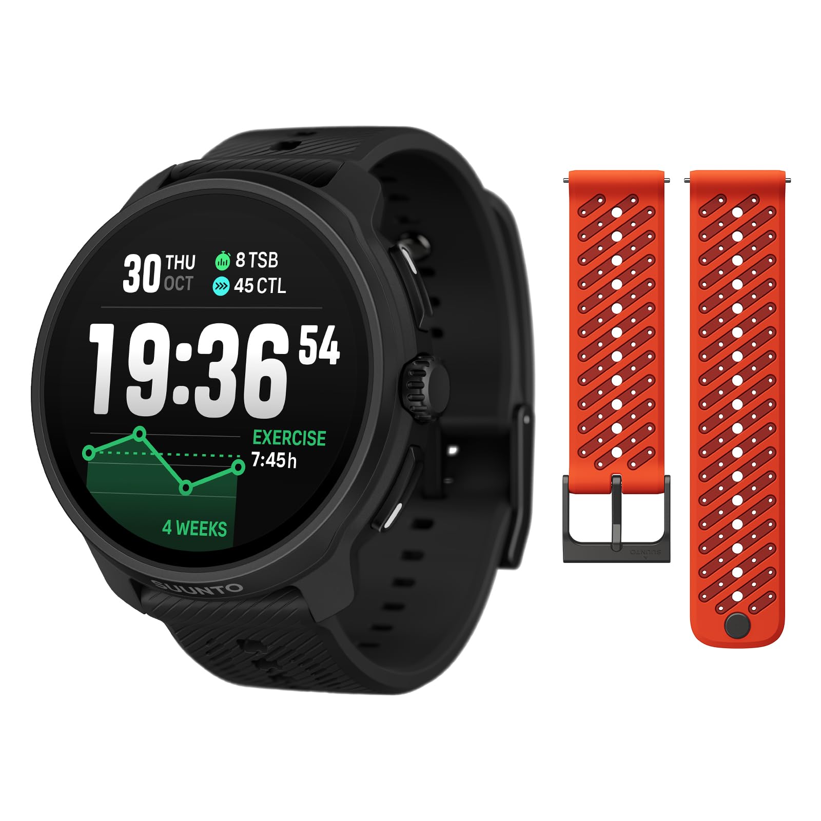 SUUNTO Race 2 GPS Sports Watch, 1.5" AMOLED Touchscreen w/Crown, All Black &amp; SUUNTO 22 ATH8 Silicone Strap Orange S+M