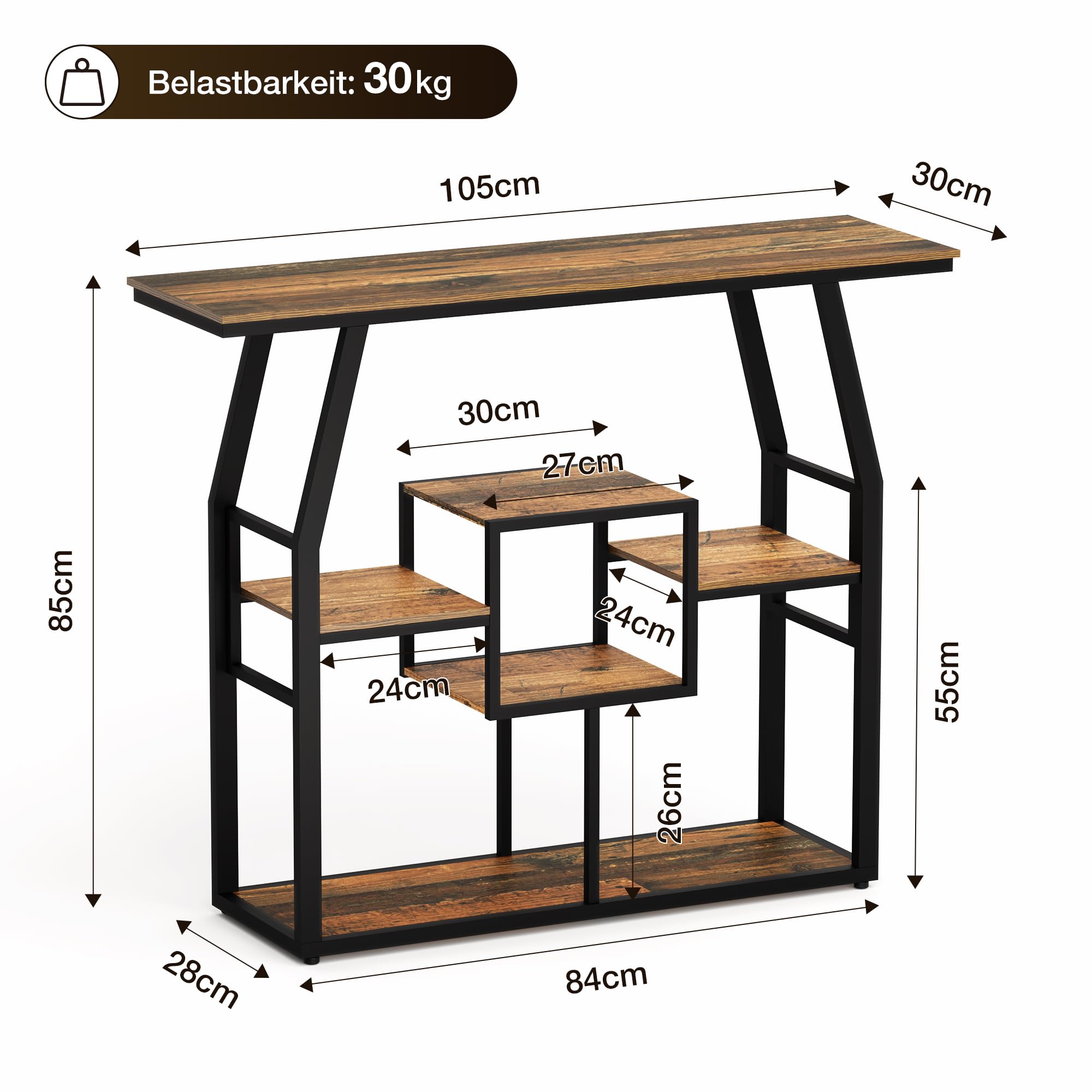 Pamapic Konsolentisch, 105cm Schmaler Konsolentisch,Schmaler Flurtisch Marmo mit 6 Ablagen, Sofa-Beistelltisch für Eingang, Flur, Foyer, Wohnzimmer, industriell, Schwarz+Retro