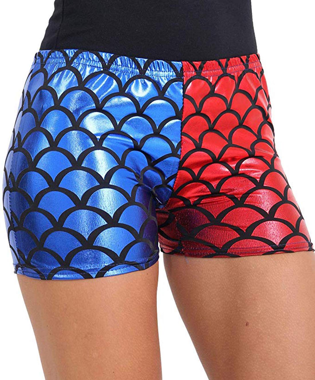 GirlzWalk Low Rise Cheeky Metallic New Red and Blue Cosplay Booty Shorts (SM/UK 8-10, Mermaid Short/Blue & Red)
