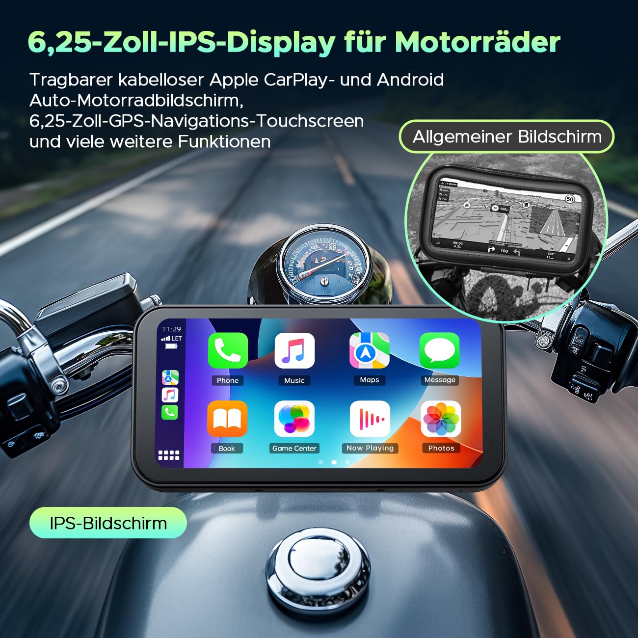 Lamto Senza Fili Schermata Carplay Per Moto, Schermo Carplay GPS da 6,25 Pollici, Stereo Portatile CarPlay Senza Fili & Android Auto Per Moto, IP67 Impermeabile Touchscreen, Bluetooth, Siri, G00gle